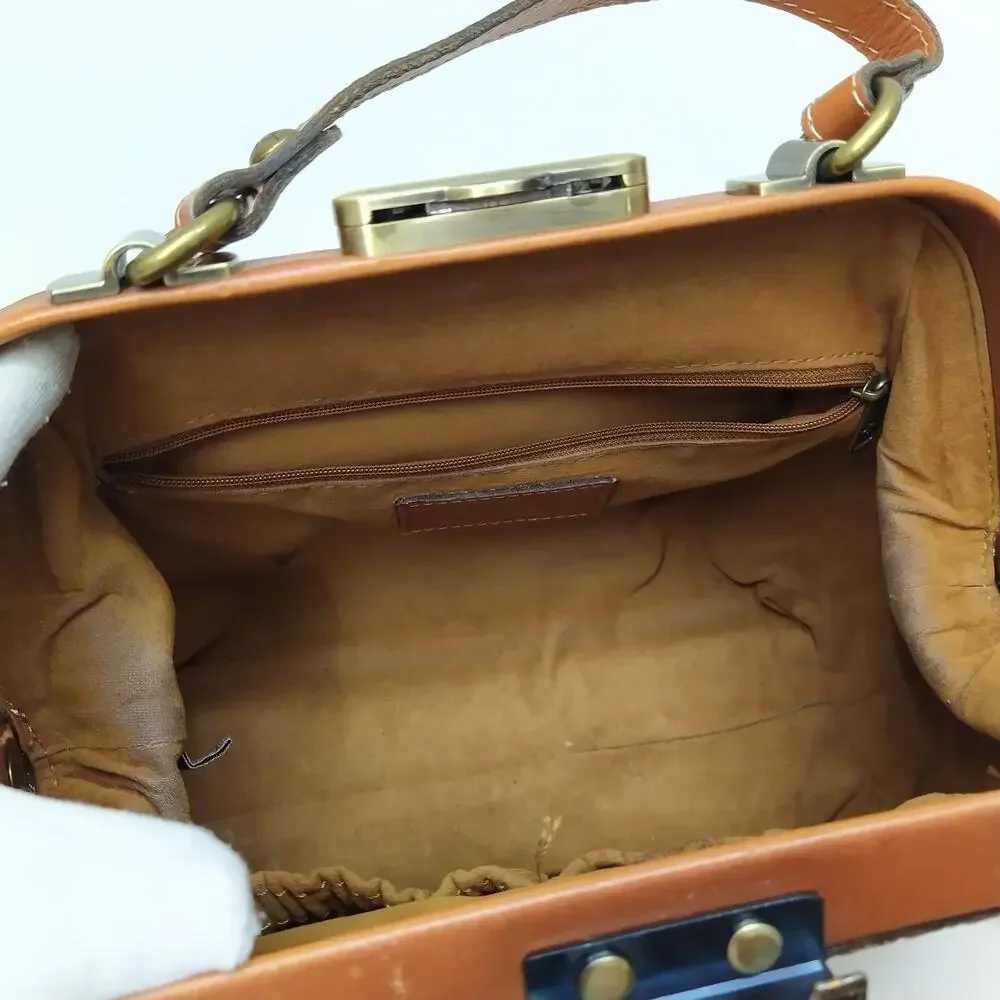 Patricia Nash Brown Leather Floral Pushlock Framed Closure Satchel Crossbody Bag